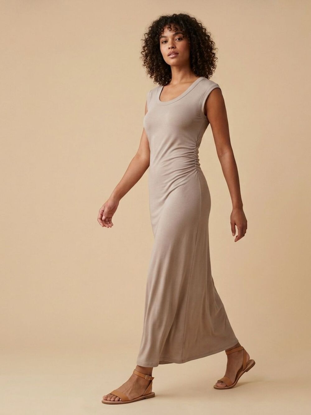 NWT OGL Ruched Sleeveless Maxi Dress Beige Size M Padded Bust Lined Sustainable